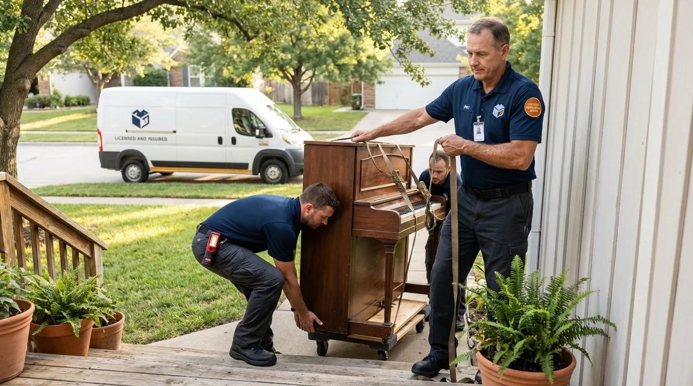 Licensed piano movers securing grand piano in Plattsburg, MO