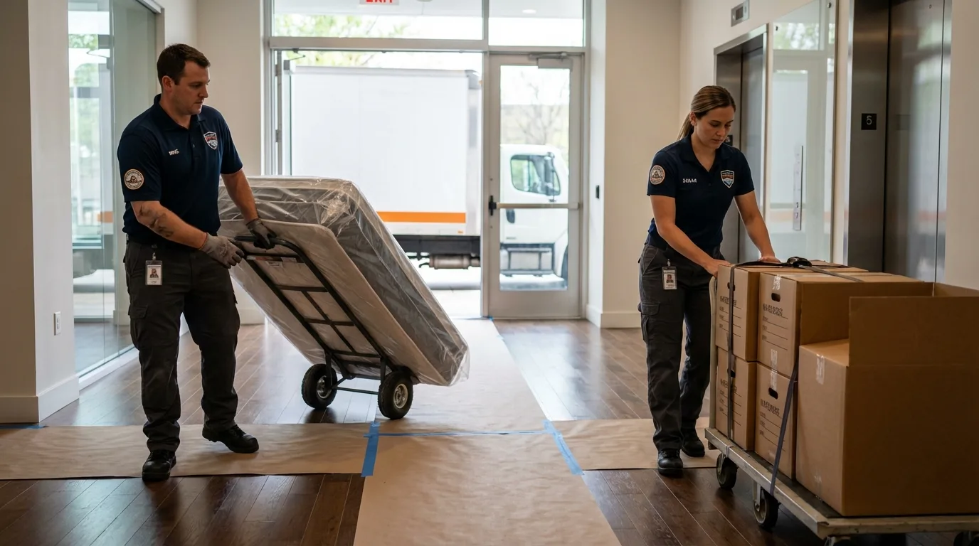 Professional apartment movers loading elevator in Plattsburg, MO