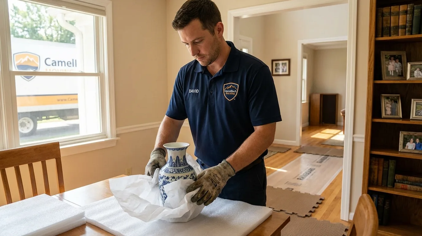 Professional crew carefully wrapping antique vase for senior downsizing move in Plattsburg, MO